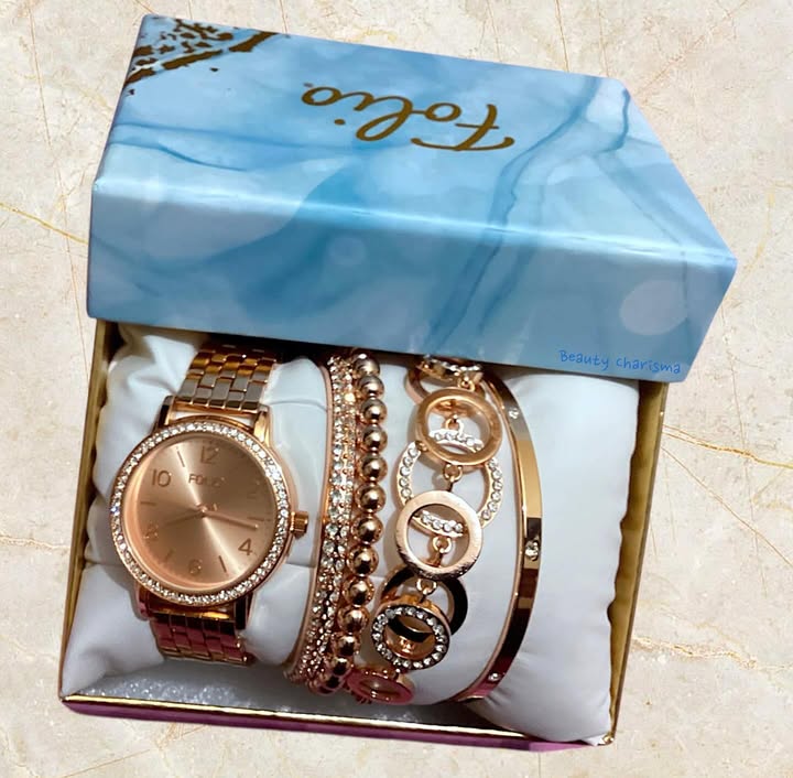 Folio Women’s Three Hand Rose Gold-Tone Alloy Watch 35mm Gift Set