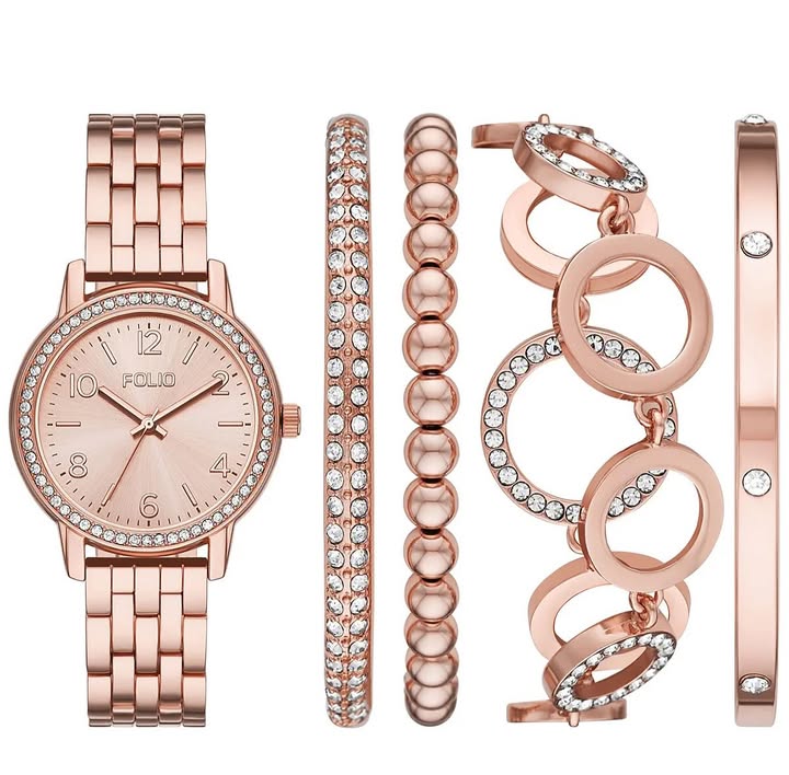 Folio Women’s Three Hand Rose Gold-Tone Alloy Watch 35mm Gift Set